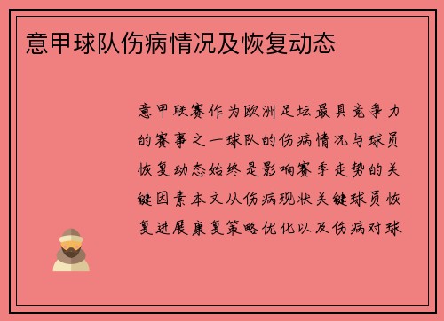意甲球队伤病情况及恢复动态